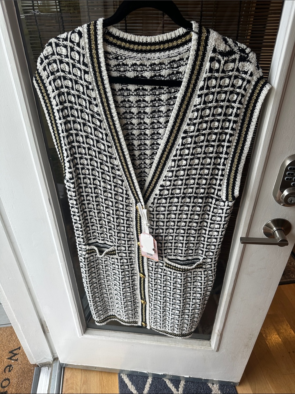 Gucci Black White Textured Sleeveless Knit Cardigan with Gold Trim